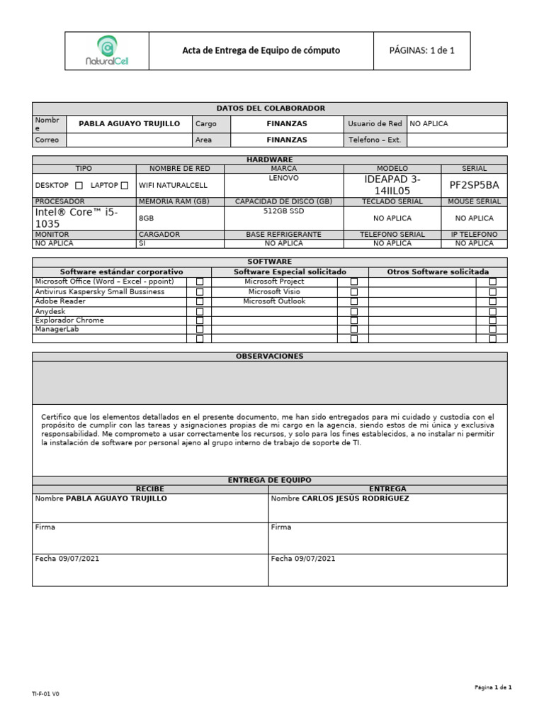 Acta de Entrega de Equipo Informático | PDF | Microsoft | Software