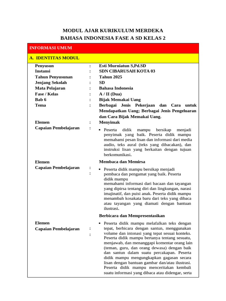 MODUL AJAR KURIKULUM MERDEKA Kelas 2 Anyar | PDF