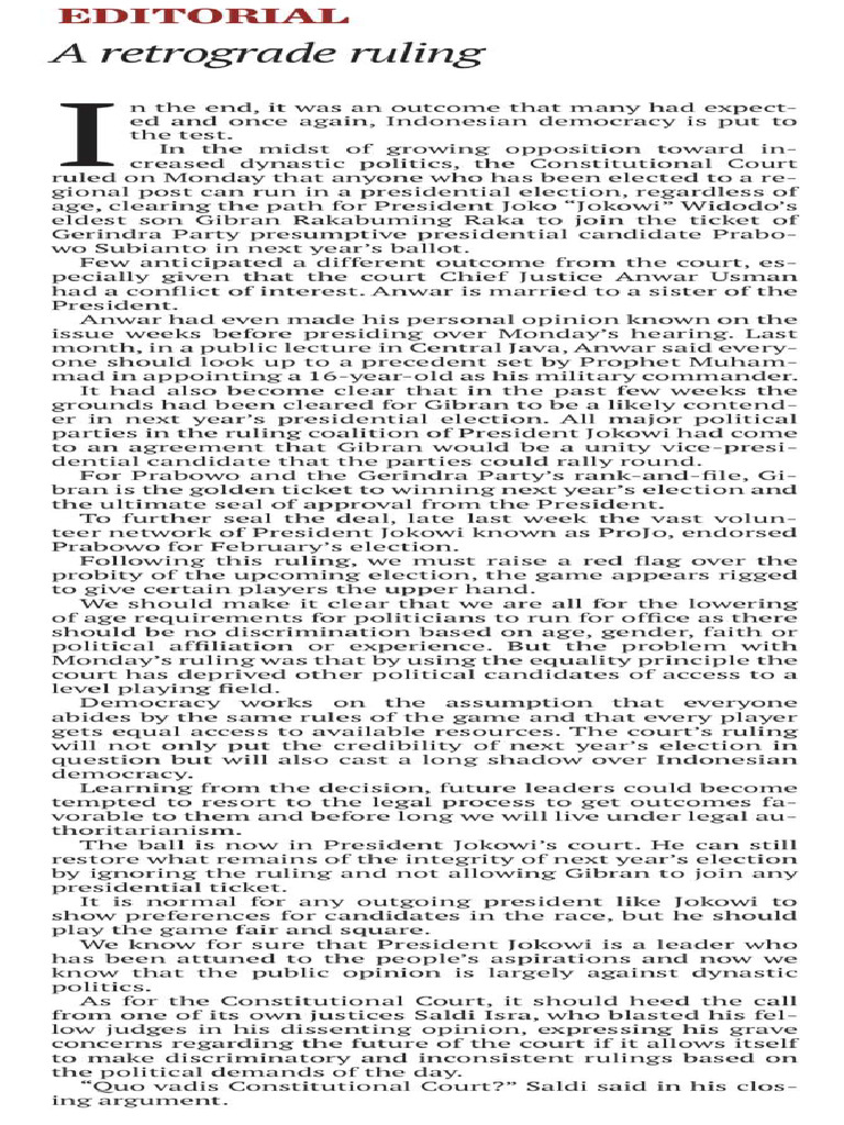 A Retrograde Ruling - 17 October 2023 - The Jakarta Post | PDF