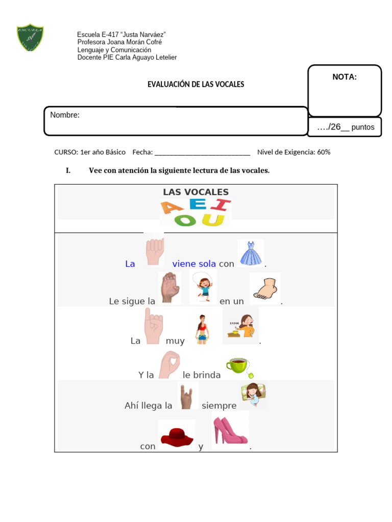 Evaluación de Vocales para 1er Básico | PDF | Comunicación humana ...