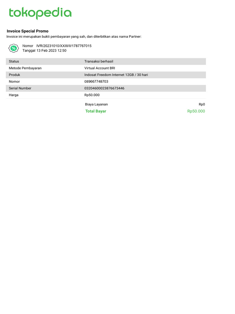 Invoice Pembayaran Indosat Freedom 12GB | PDF