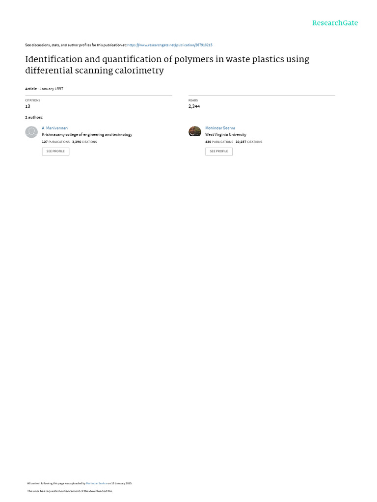Polymer Analysis in Waste Plastics | PDF | Differential Scanning ...