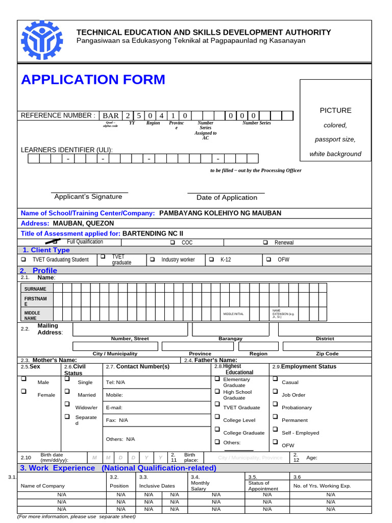 BAR Application Form '25 (Mauban) | PDF