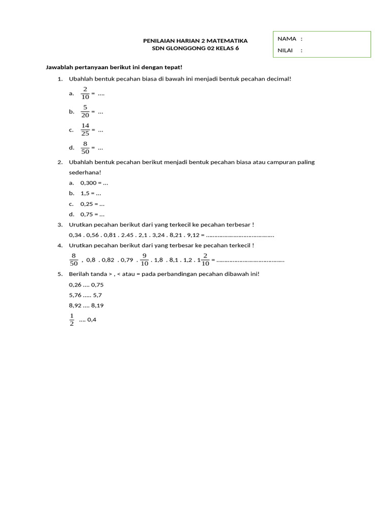 Soal Pecahan dan Desimal Kelas 6 | PDF