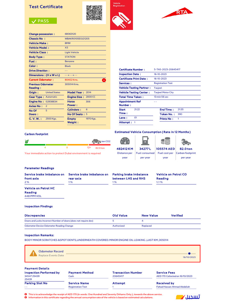Tasjeel Motor City Registration Test Certificate | PDF | Vehicles | Engines