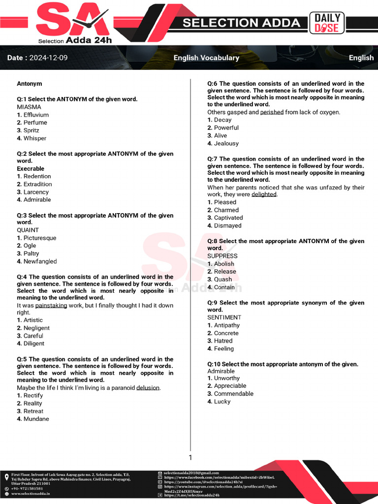 English Vocabulary English 2024-12-09 Selection Adda | PDF