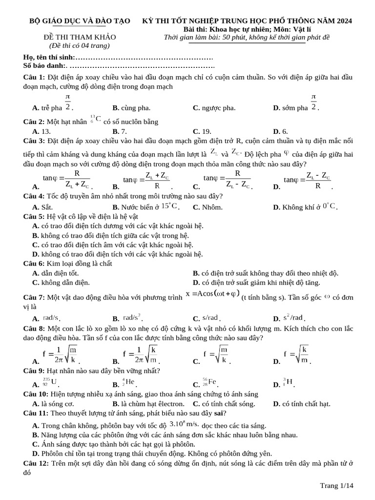 0. ĐỀ MINH HỌA TỐT NGHIỆP 2024 CỦA BGD RA NGÀY 22-3-2024) | PDF