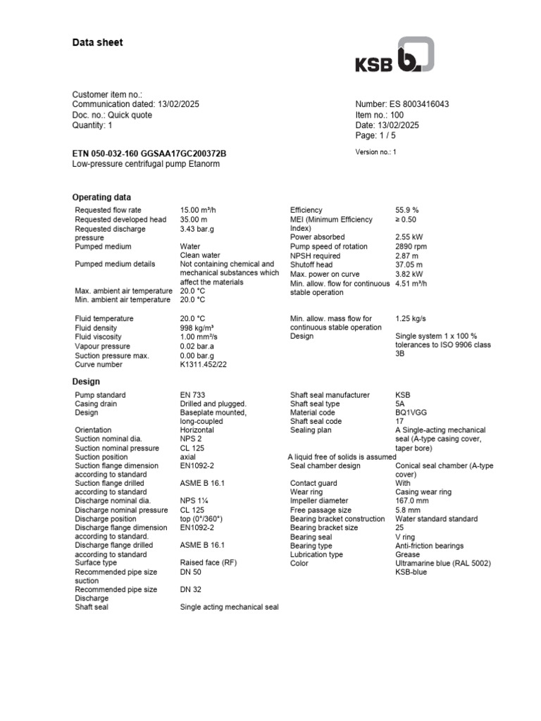 Low-Pressure Centrifugal Pump Data Sheet | PDF | Pump | Bearing ...