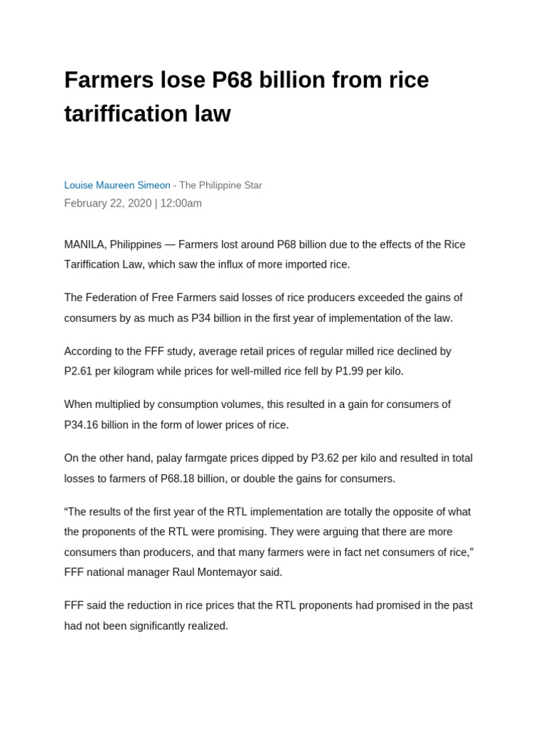 Farmers Lose P68B from Rice Tariffication | PDF | Economies