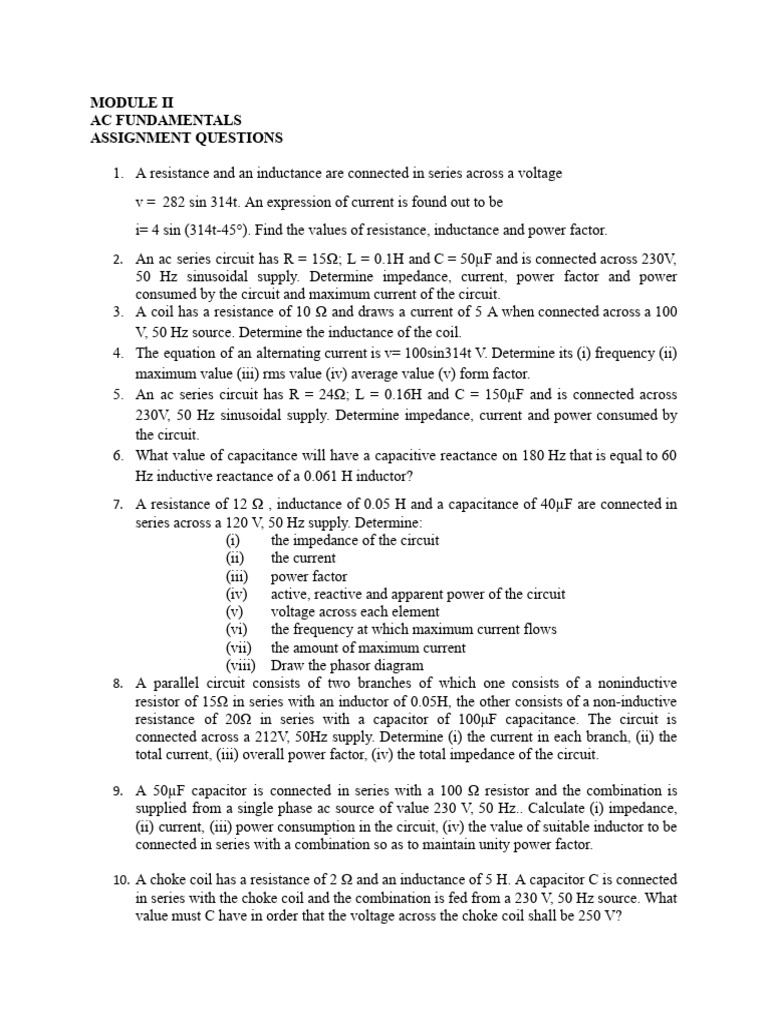 AC Circuit Analysis Assignment Questions | PDF | Electrical Impedance ...