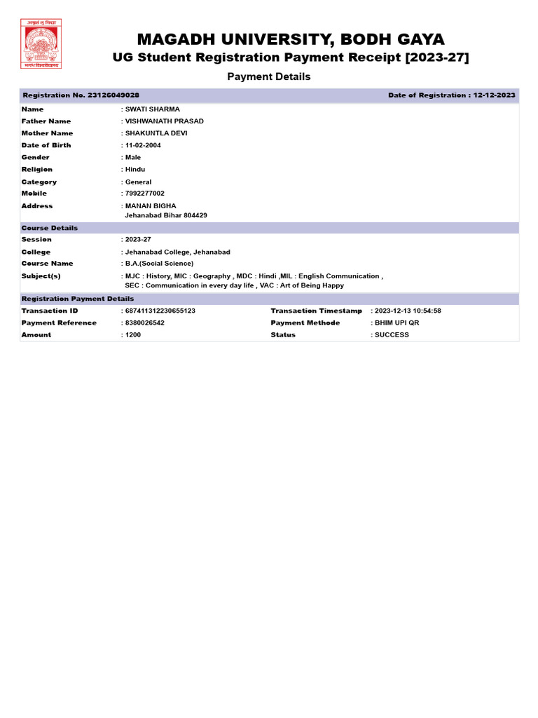 (Admissions 2023) Magadh University, Bodh Gaya - 231214 - 111348 | PDF