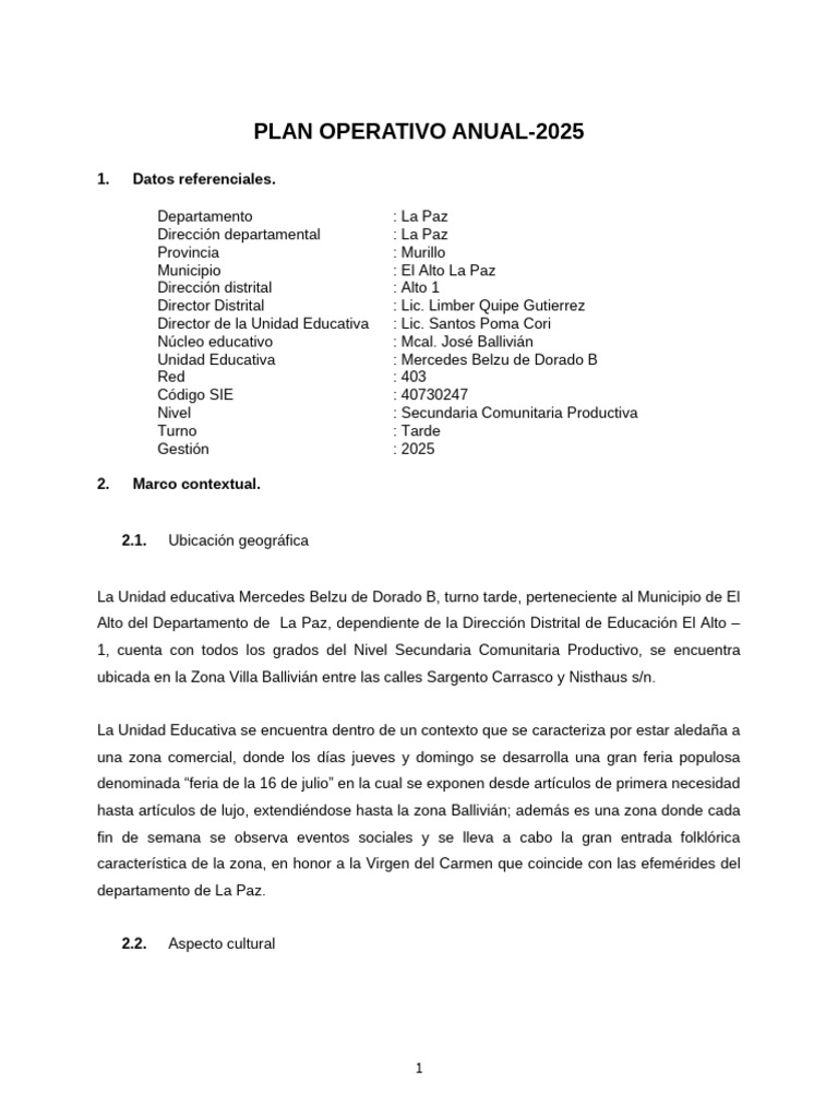 Plan Operativo Anual 2025 - Unidad Educativa Mercedes Belzu | PDF ...