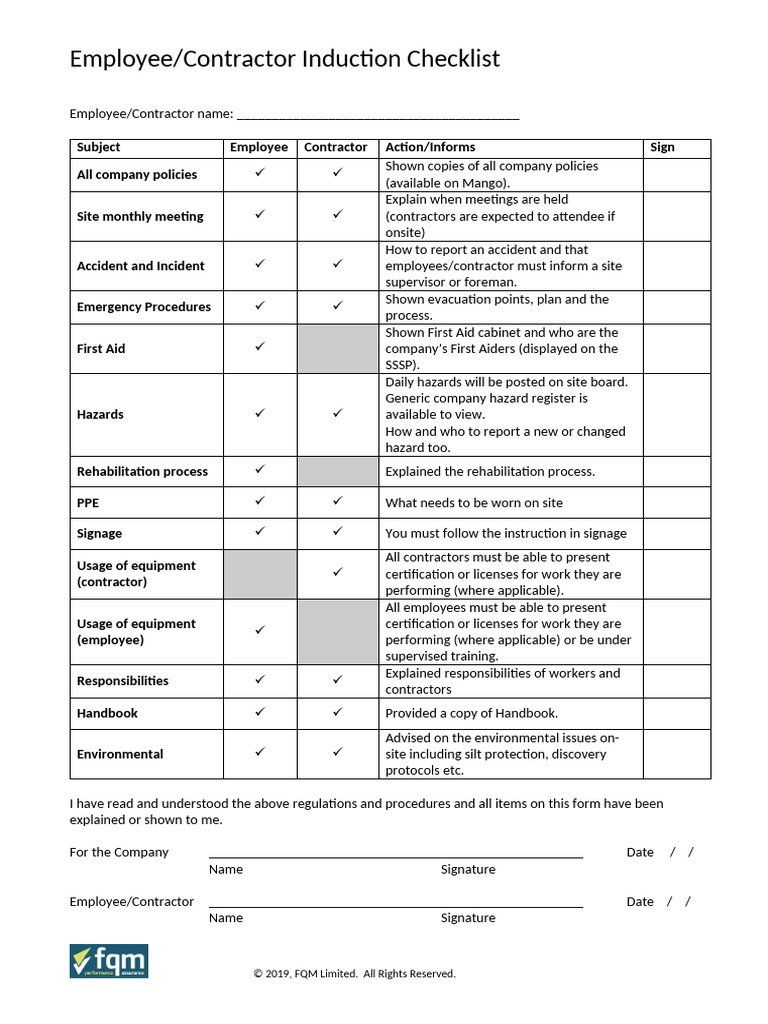 Contractor Induction Checklist | PDF | First Aid | Safety