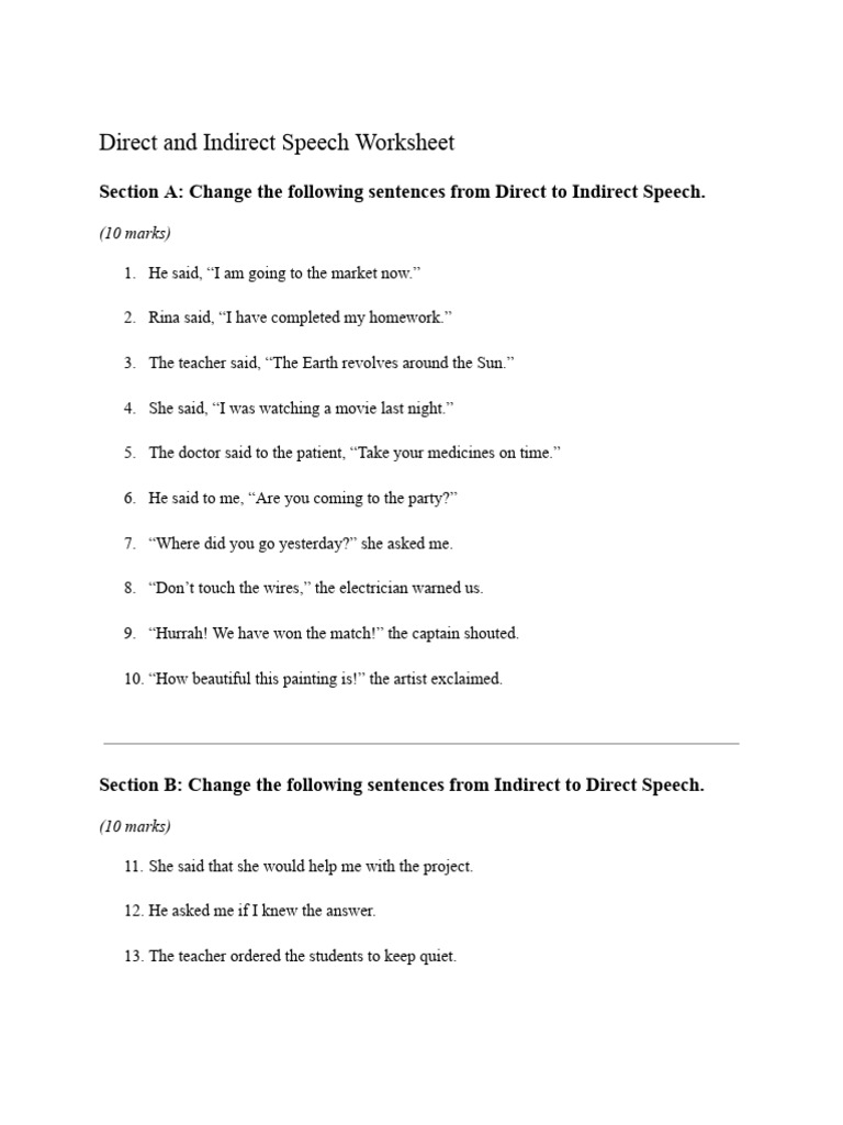 Direct and Indirect Speech Exercises | PDF