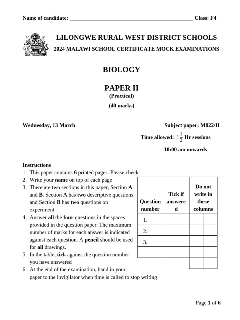 2024 Malawi Biology Mock Exam Paper II | PDF