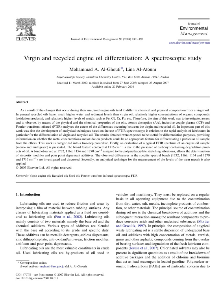Virgin and Recycled Engine Oil Differentiation A Spectroscopic Study ...