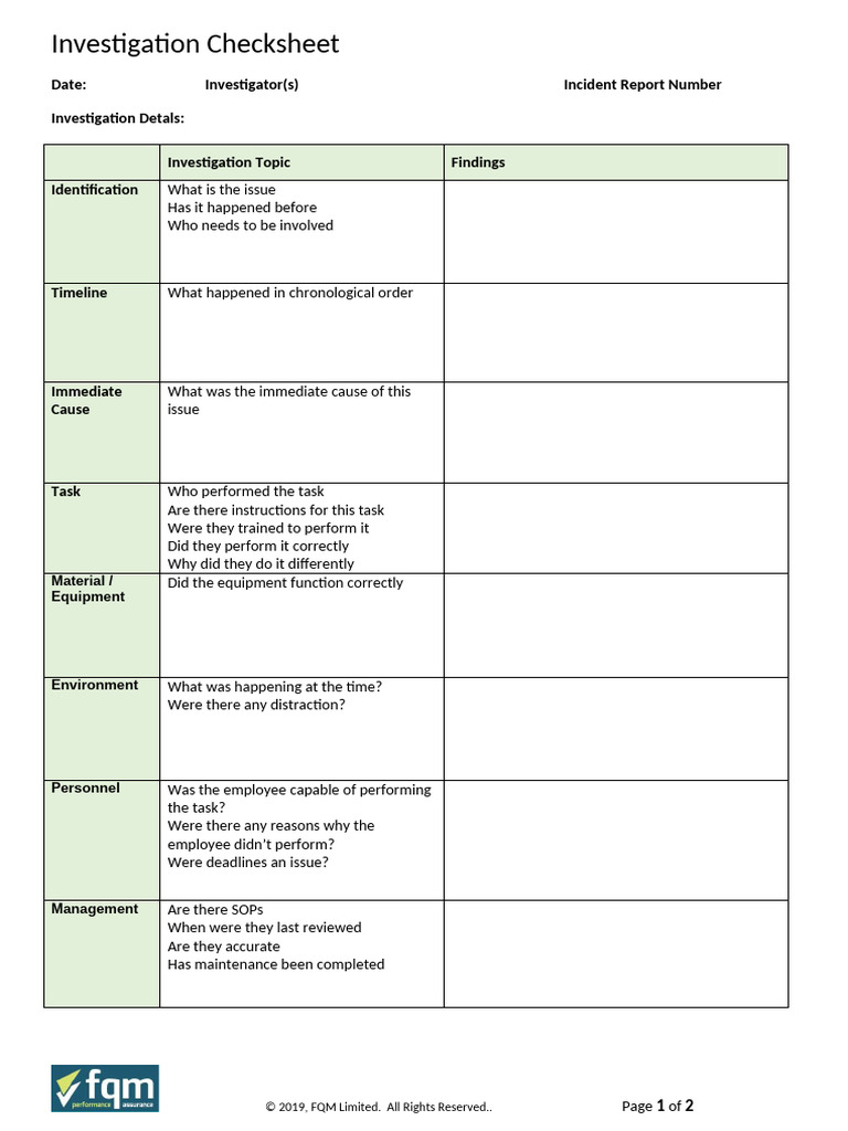 Investigation Checksheet Template | PDF