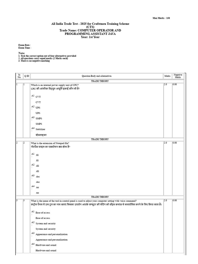 COMPUTER OPERATOR AND PROGRAMMING ASSISTANT JAVA Set 3 | PDF