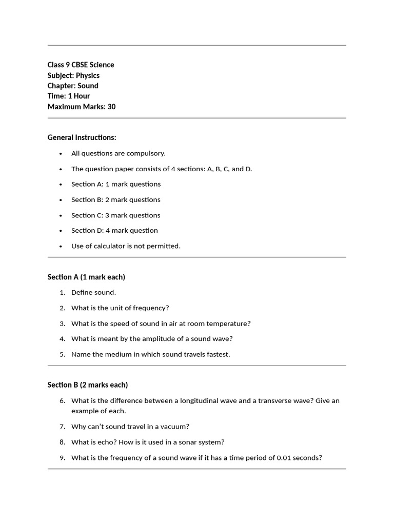 Class 9 CBSE Physics: Sound Exam Paper | PDF