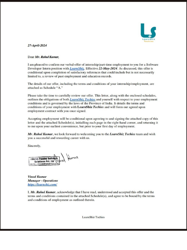 Mr. Rahul Kumar Offer Letter | PDF
