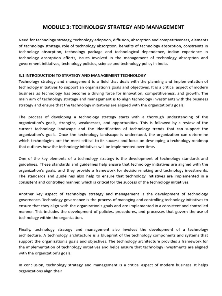 Technology Strategy and Management Guide | PDF | Swot Analysis | Policy