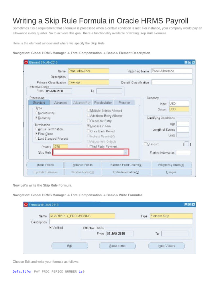 Skip Rule Formula in Oracle HRMS | PDF