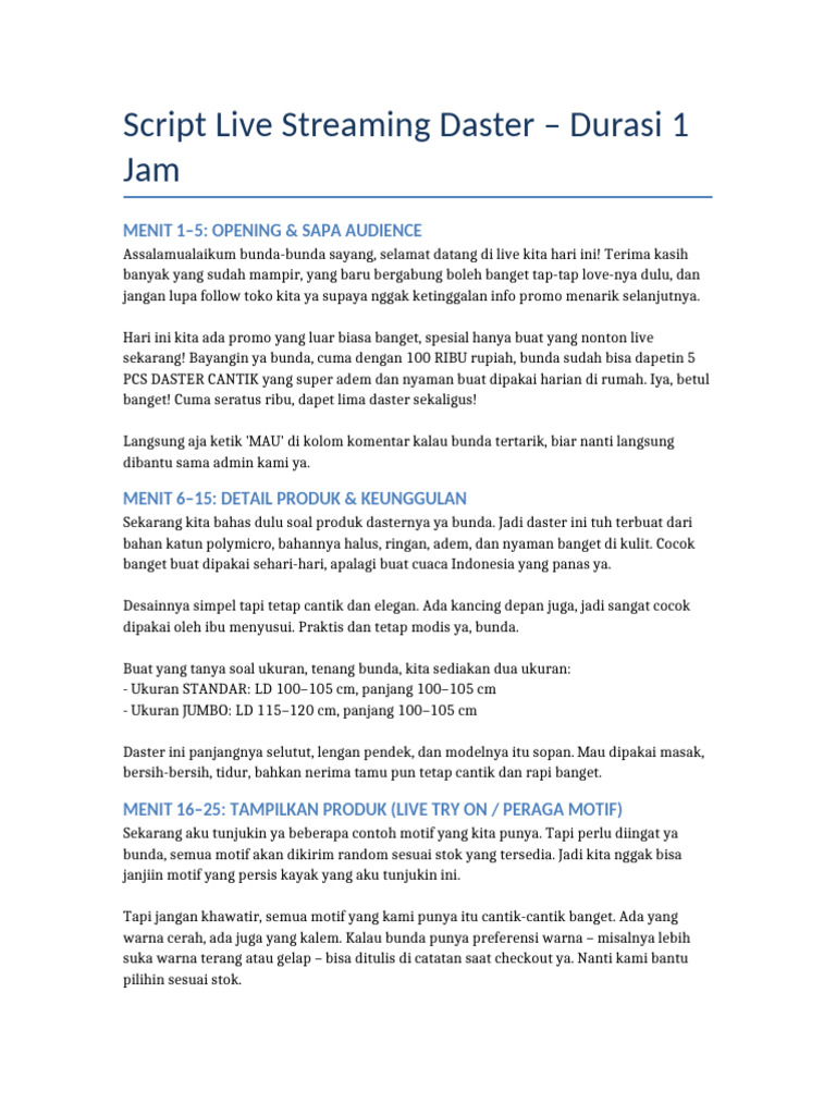Script Live Streaming Daster 1 Jam | PDF
