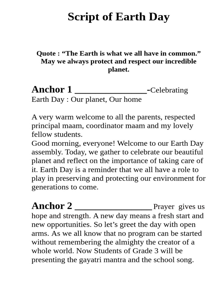 Earth Day Assembly Script | PDF