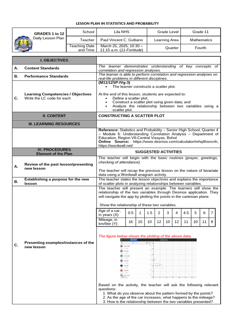 Grade 11 Scatter Plot Lesson Plan | PDF | Scatter Plot | Learning