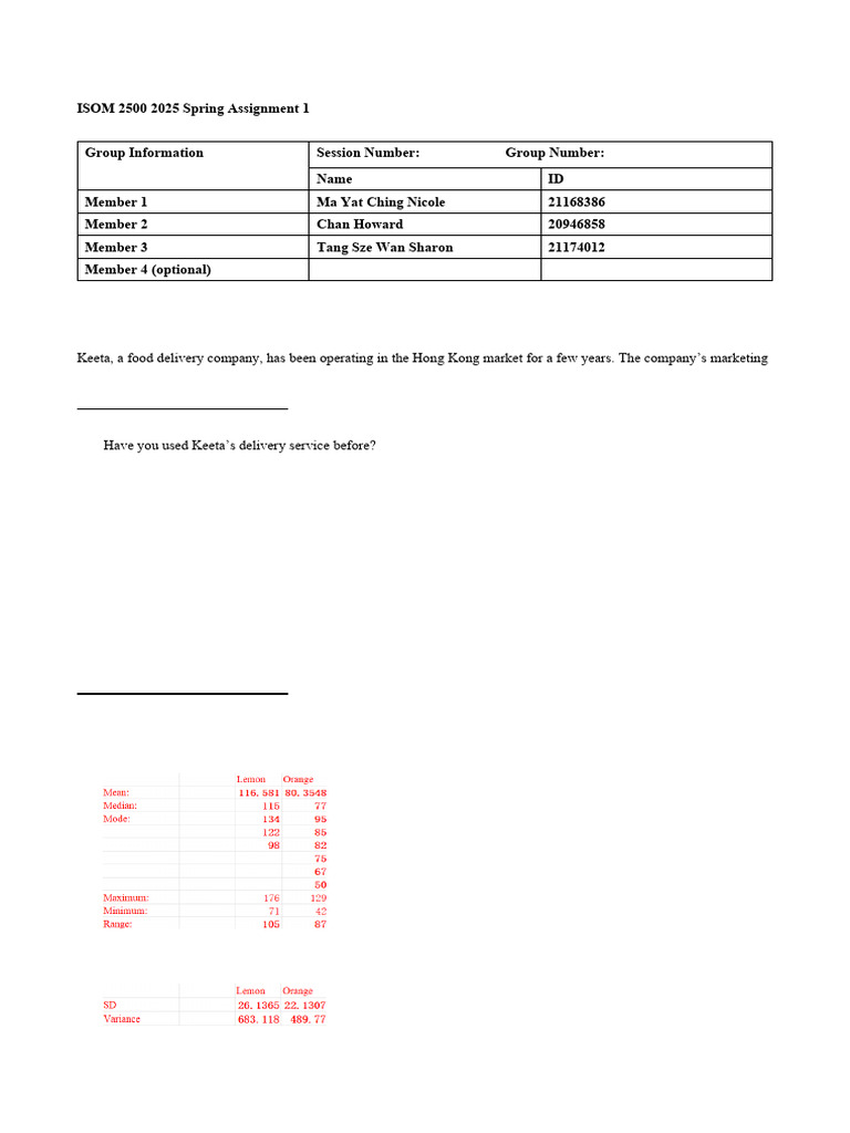 ISOM 2500 Spring 2025 Assignment 1 | PDF | Median | Analysis