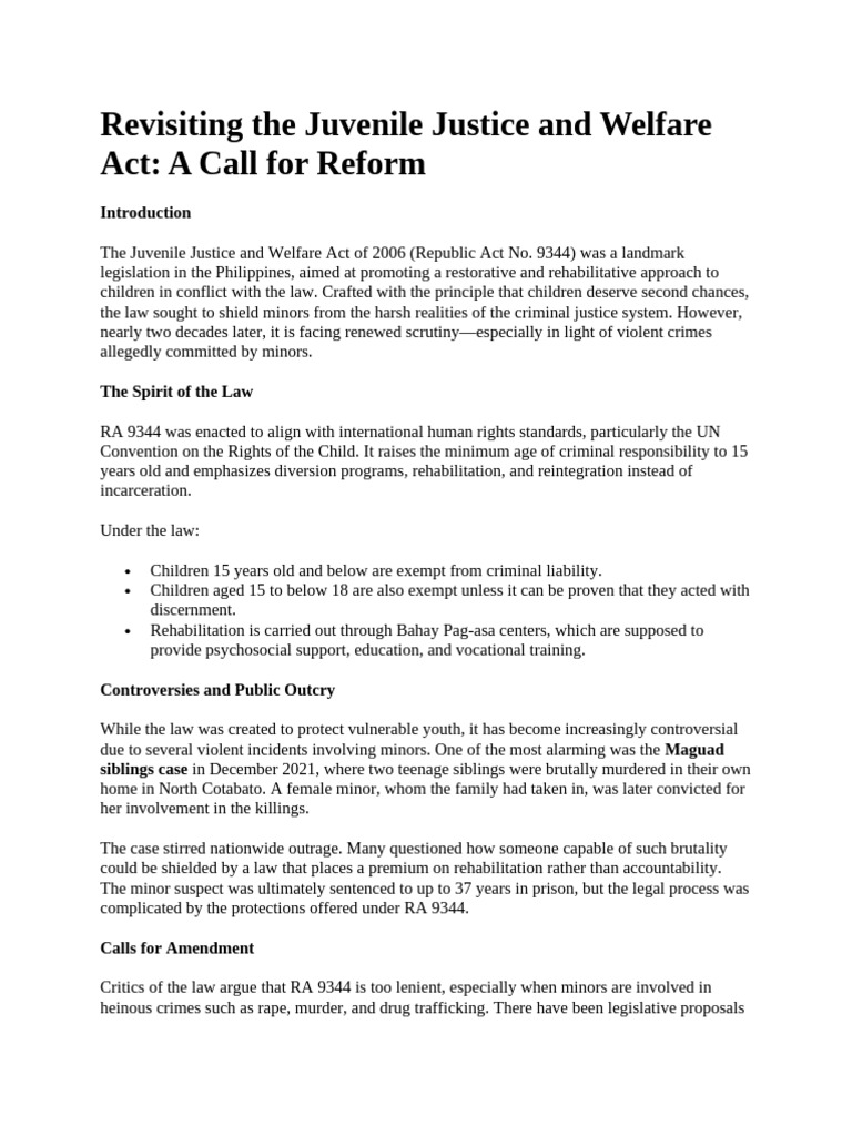 Revisiting The Juvenile Justice and Welfare Act A Call For Reform PDF