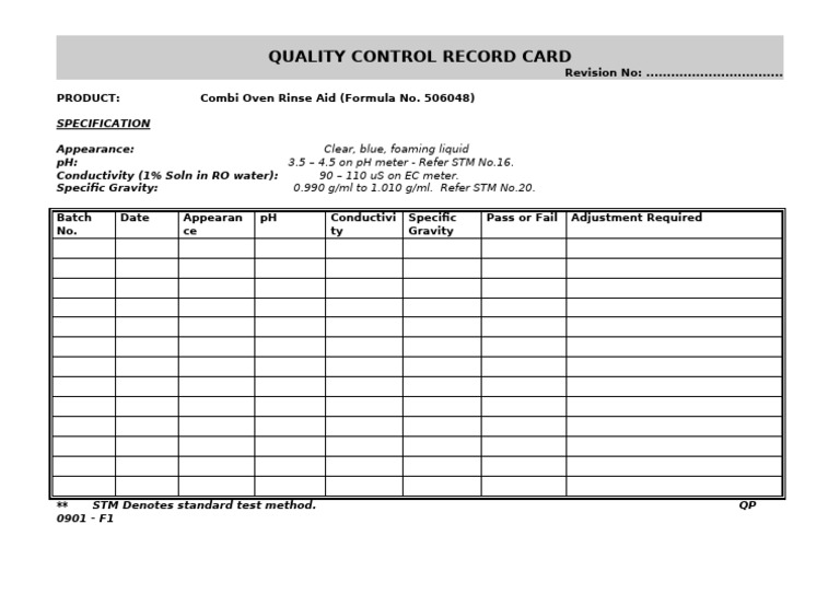 Combi Oven Rinse Aid Quality Control Card | PDF