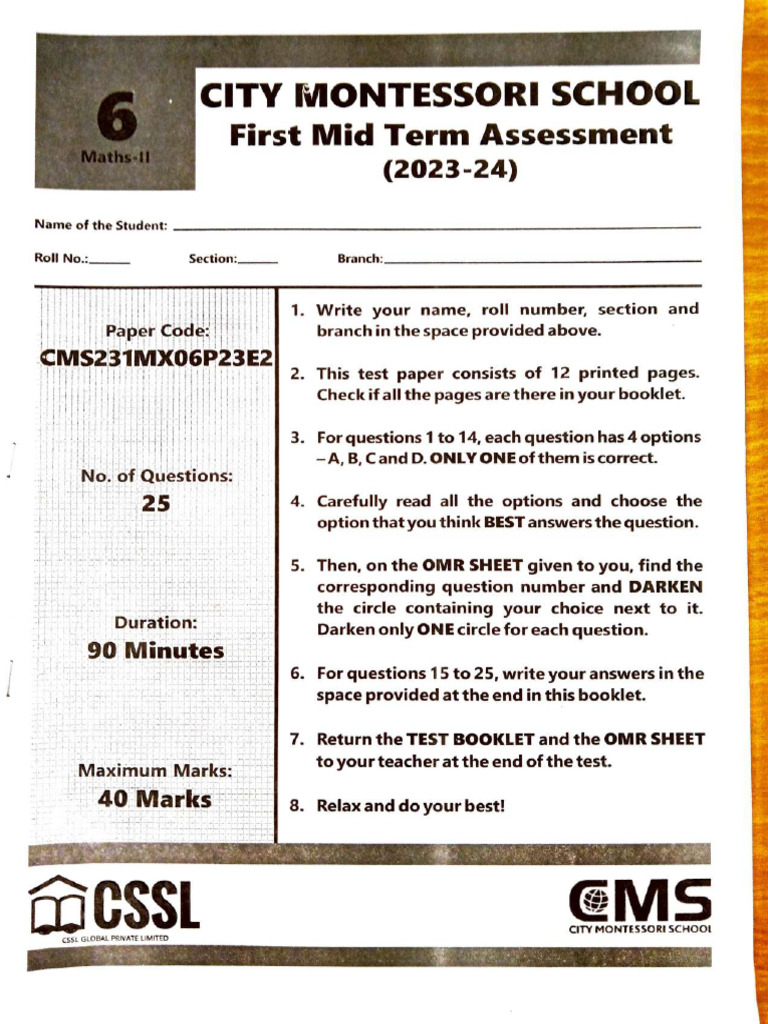 Class 6 Maths Assessment Paper | PDF | Angle | Elementary Mathematics
