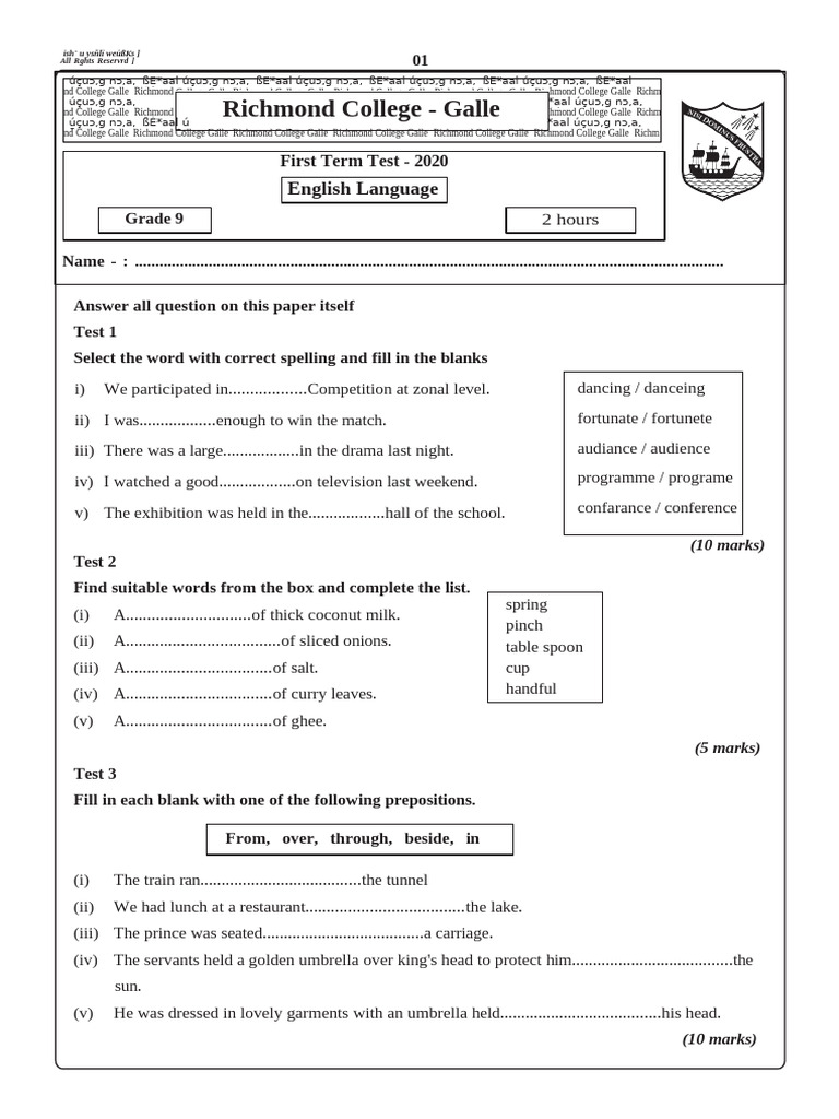 Grade 9 English First Term Test | PDF