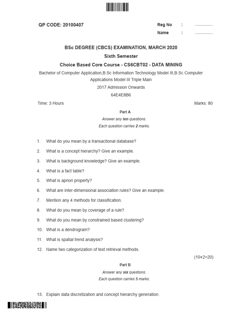 Bca Semester Vi Data Mining 2020 Question Paper | PDF | Cluster ...