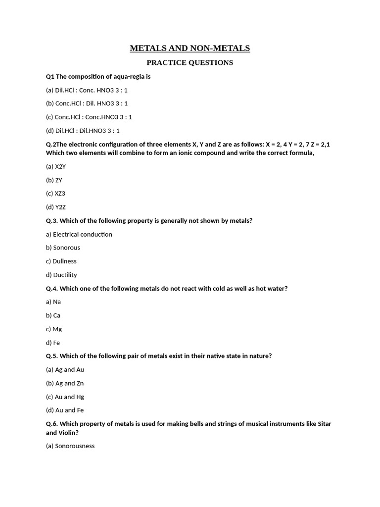 Metals and Non-Metals Practice Questions | PDF | Metals | Salt (Chemistry)