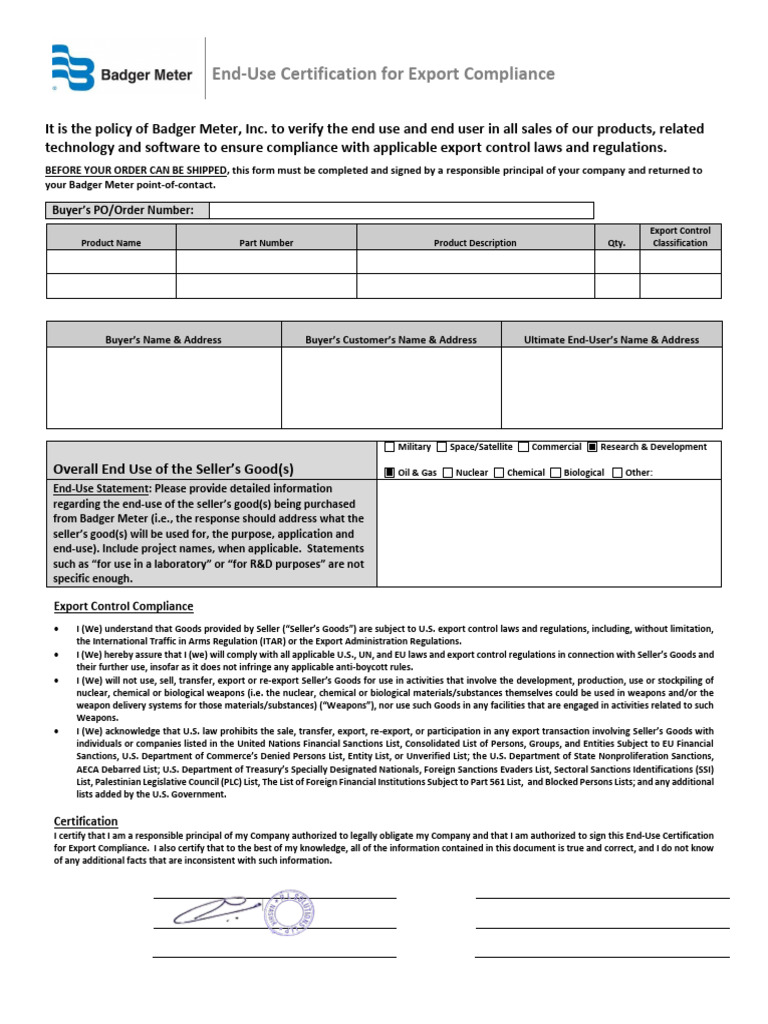 End-Use Certification - English-BY RLS | PDF