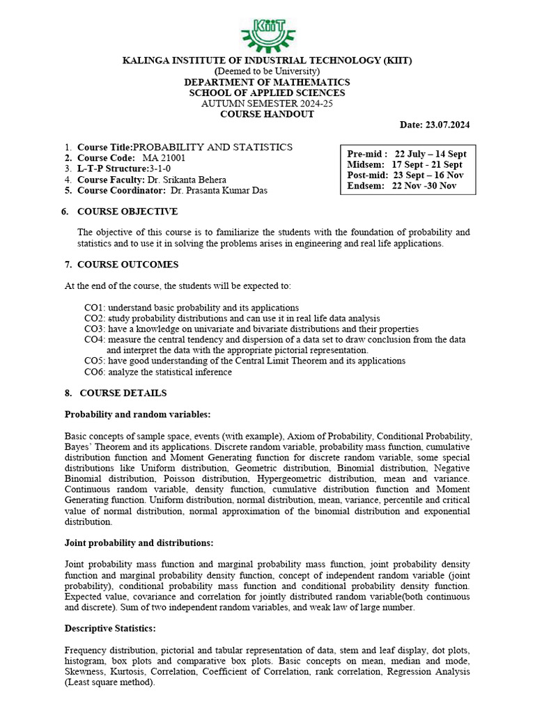 Course Handout - PS (MA 21001) | PDF | Probability Distribution ...