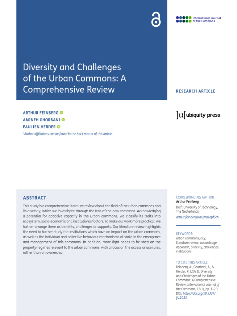 Diversity and Challenges of The Urban Commons A Comprehensive Review ...