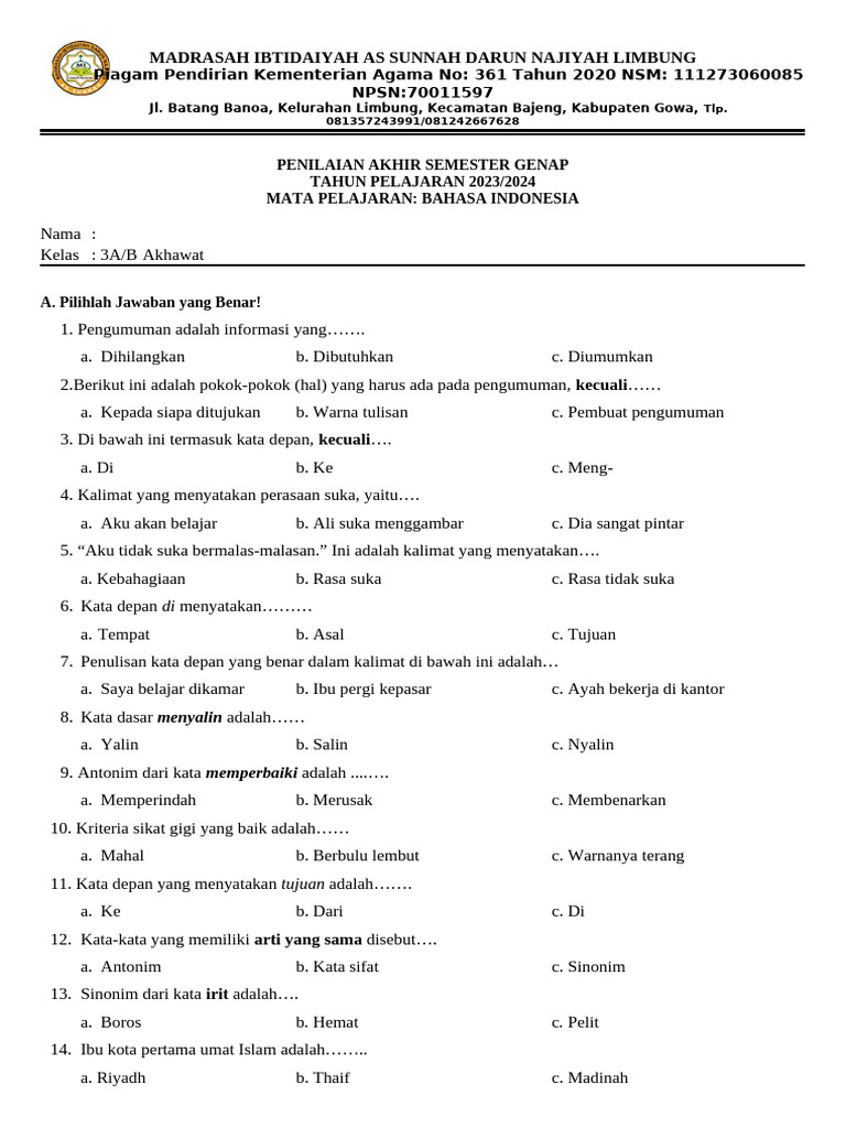 Soal Bahasa Indonesia Untuk Kelas 3 SD | PDF