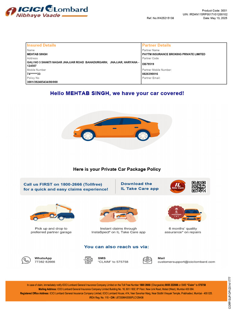 Hello MEHTAB SINGH, We Have Your Car Covered!: Insured Details Partner ...