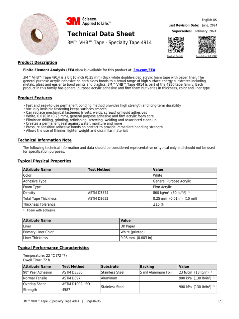 3M VHB Tape Specialty Tape 4914 | PDF | Adhesive | Safety