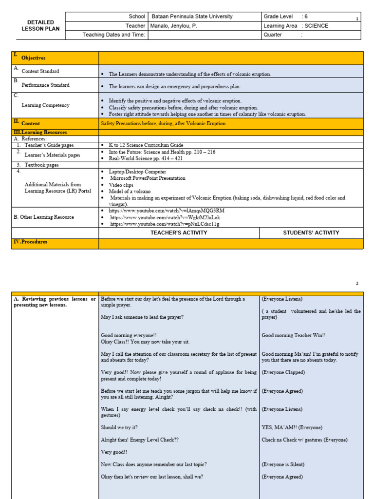Volcanic Eruption Safety Lesson Plan | PDF | Volcano | Types Of ...