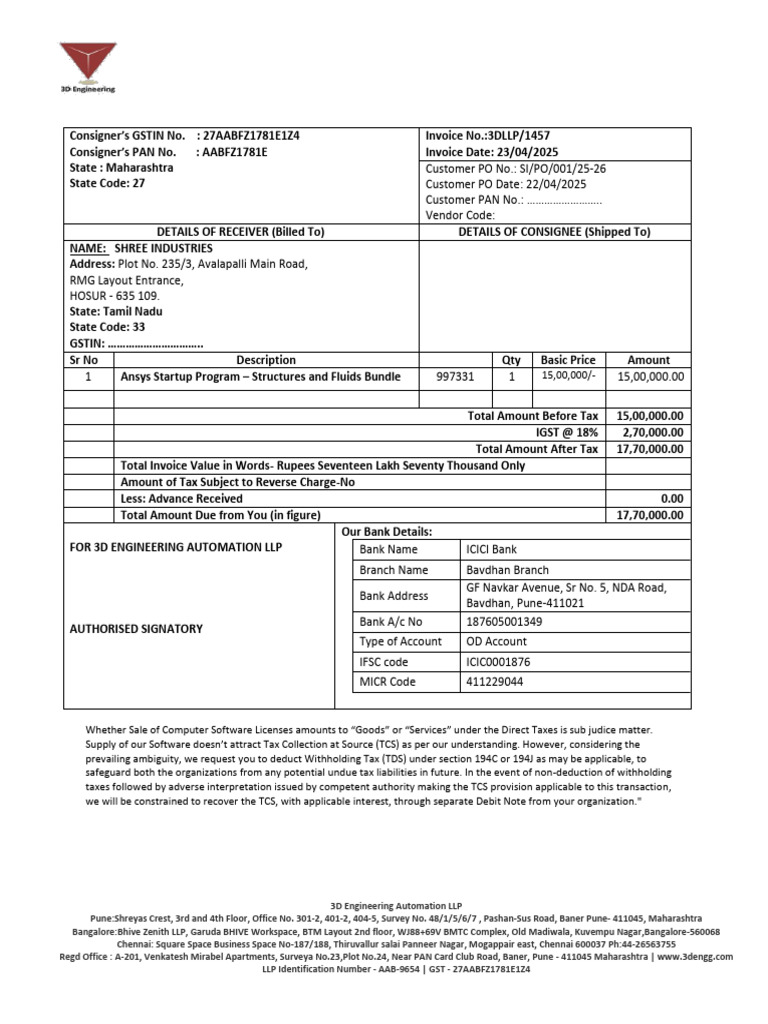 SHREE INDUSTRIES Proforma Inv No 1457 Dt. 23.04.25 | PDF | Taxes | Payments