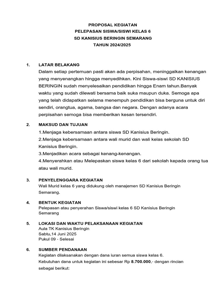 Proposal Pelepasan Siswa Kelas 6 SD Kanisius | PDF