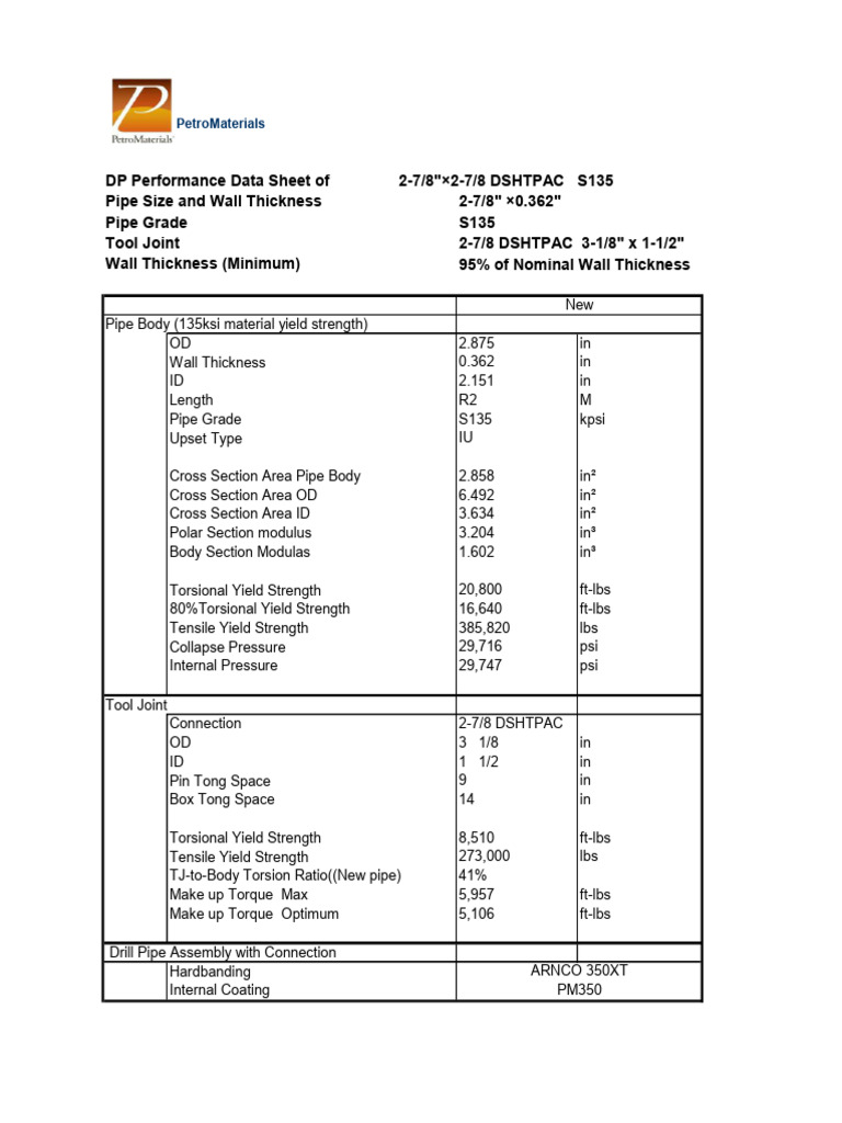 S135 Drill Pipe Specs and Performance | PDF | Pipe (Fluid Conveyance ...