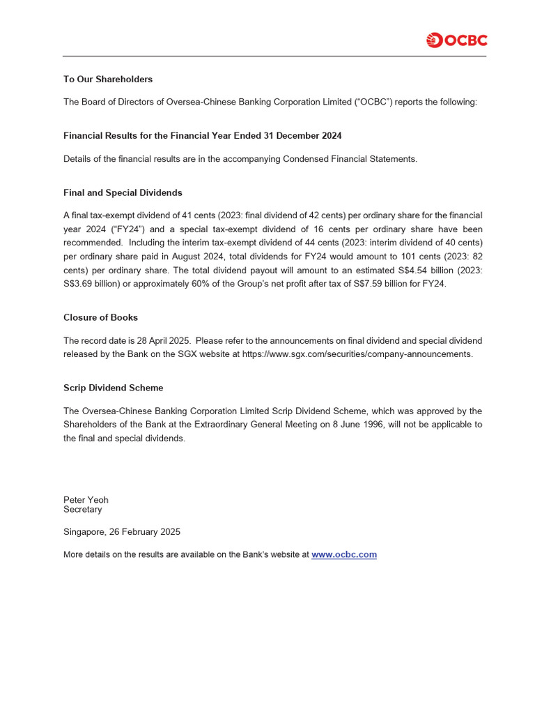 OCBC FY24 Financial Results Summary | PDF | Dividend | Equity (Finance)