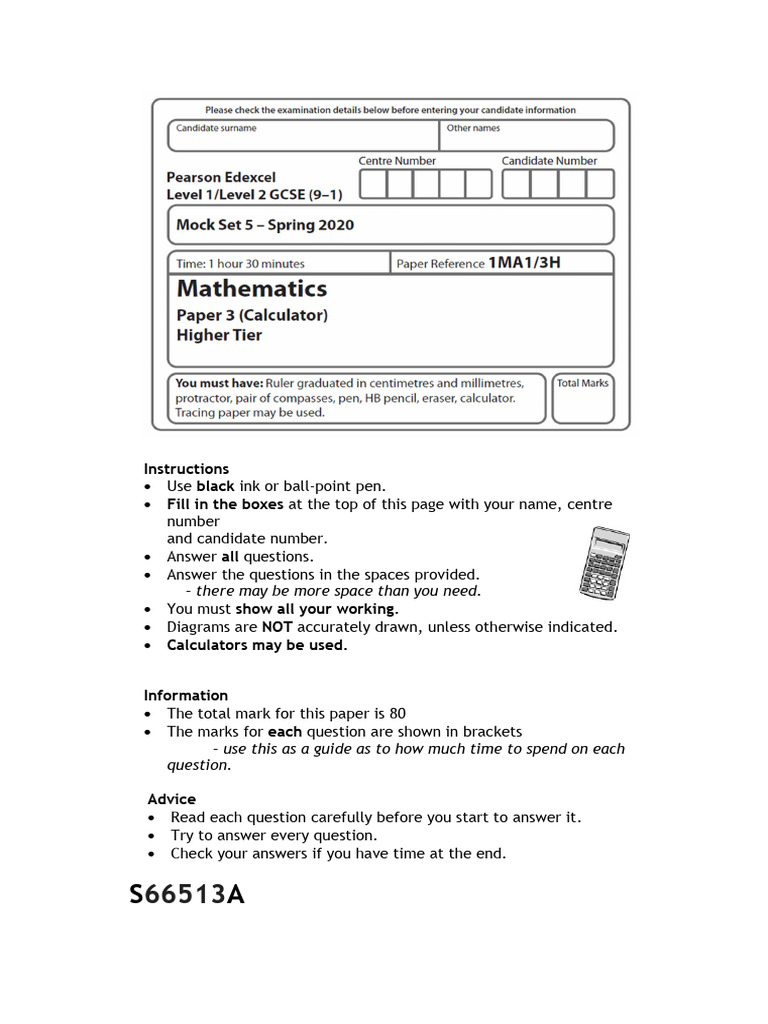 Math Mock Exam Paper 3H Instructions | PDF