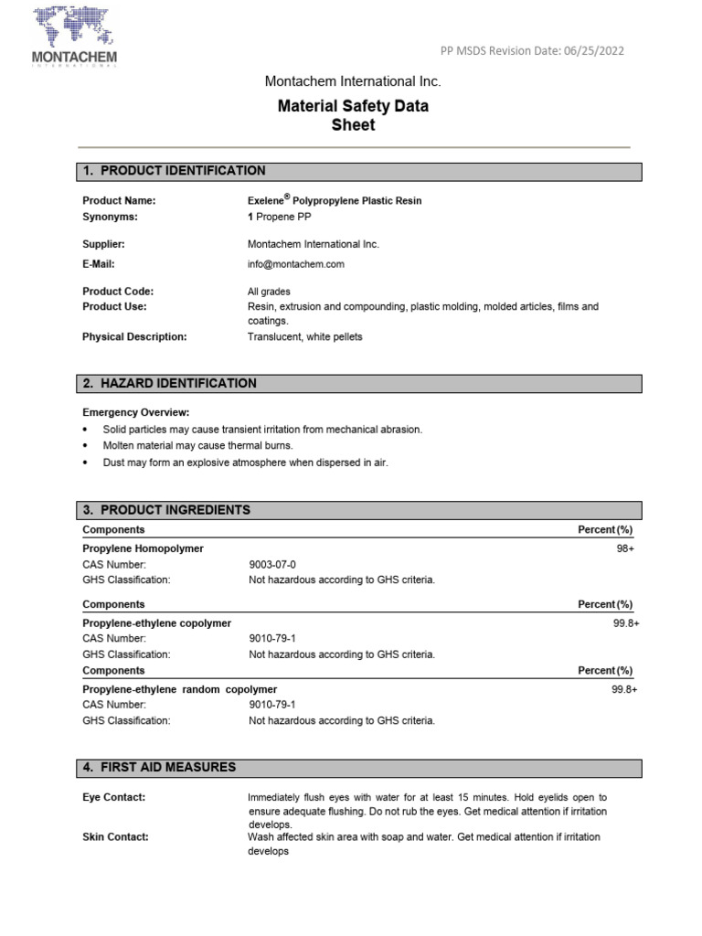 Exelene® Polypropylene Resin MSDS | PDF | Dangerous Goods | Personal ...