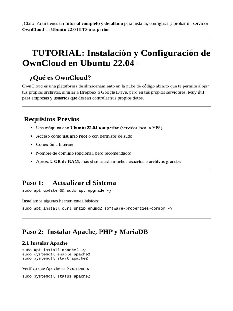 Instalar OwnCloud en Ubuntu 22.04 LTS | PDF | Servidor HTTP Apache | Mi sql